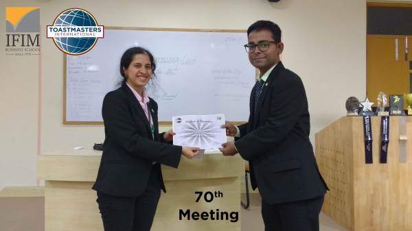 Best Table Topics Speaker TM Saurav Sahay from the "Presidential Address" special 70th meeting of the IFIM Toastmasters Club